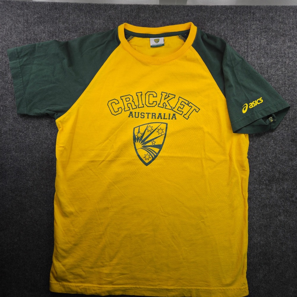 Asics Cricket Australia T-Shirt Mens Small Yellow Green Graphic Cotton Raglan